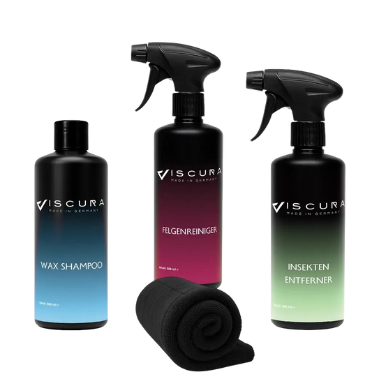 VISCURA Handwäsche Set mit Wax Shampoo, Felgenreiniger und Insektenentferner für professionelle Autopflege.