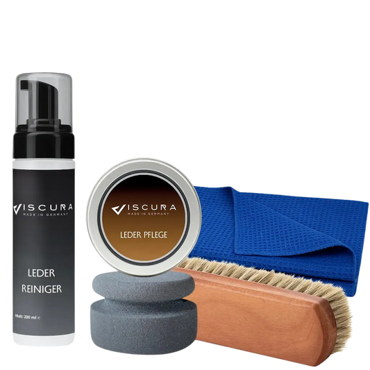 VISCURA Lederpflege-Set mit Lederreiniger, Pflegecreme, Bürste und Tuch für hochwertige Autopflege.