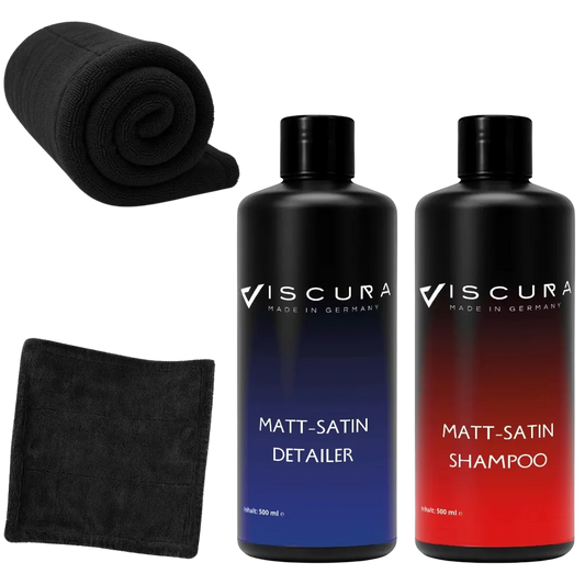VISCURA Matt-Satin Pflege-Set mit Shampoo, Detailer und Mikrofasertuch für matte Lacke.