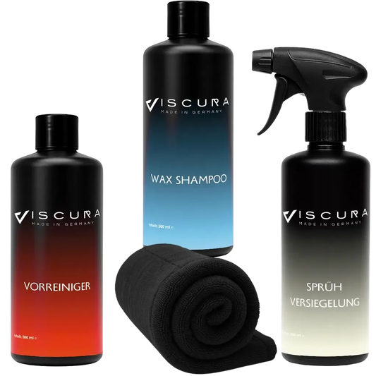 VISCURA All-In-One Exterieur Set: Vorreiniger, Wax Shampoo, Sprühversiegelung für perfekte Autopflege.