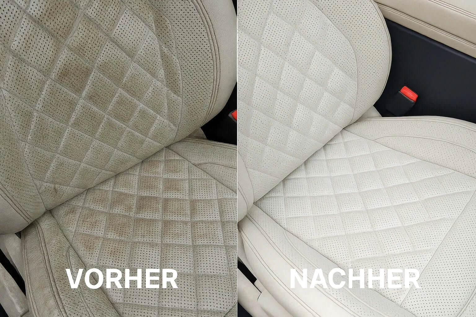 Vorher-Nachher Vergleich: gereinigter Autositz mit Lederpflege
