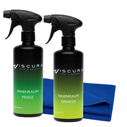VISCURA Innenraumpflege Set mit Pflege- und Reinigerflasche sowie Reinigungstuch für makellose Autopflege.