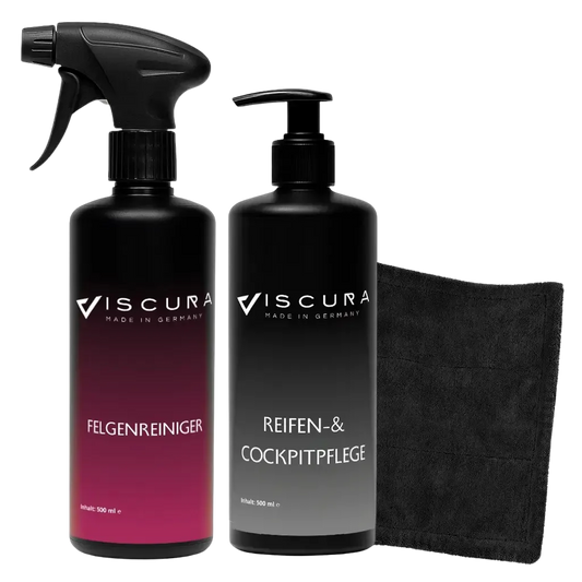 VISCURA Räderpflege Set mit Felgenreiniger und Reifen- sowie Cockpitpflege in 500 ml Flaschen.