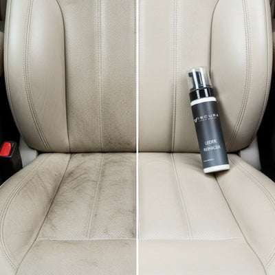 Close-up of a leather car seat headrest with logo and detailed stitching for automotive interior care.