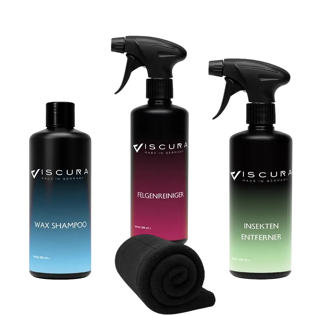 VISCURA Handwäsche Set mit Wax Shampoo, Felgenreiniger und Insektenentferner für professionelle Autopflege.