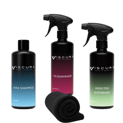 VISCURA Handwäsche Set mit Wax Shampoo, Felgenreiniger und Insektenentferner für professionelle Autopflege.