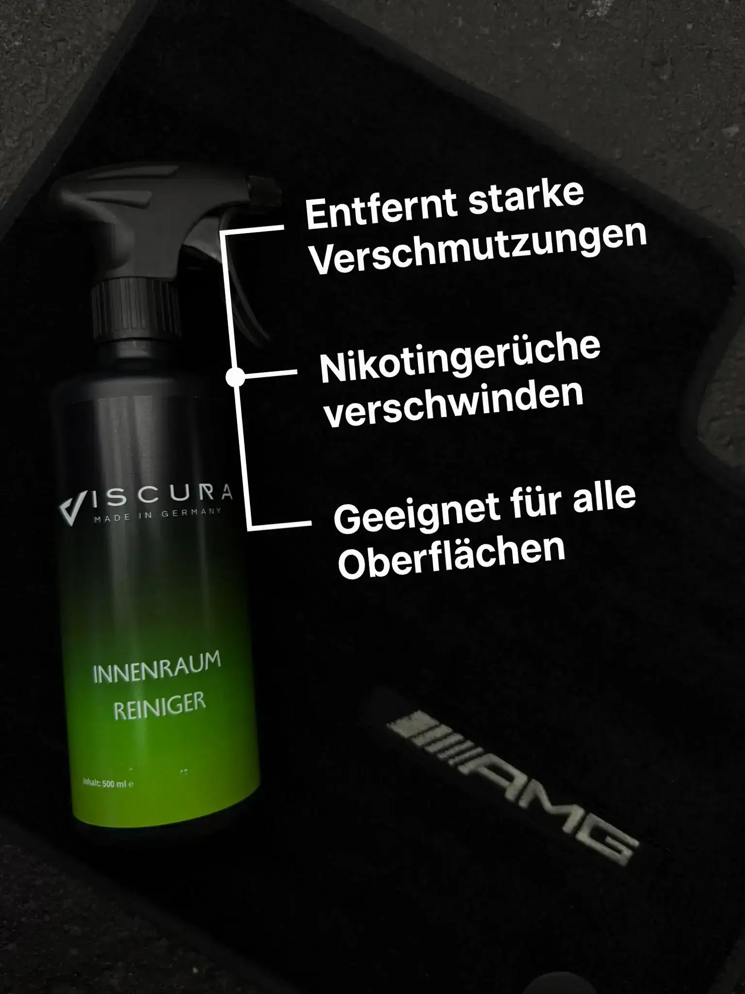 VISCURA Innenraumreiniger im Auto, entfernt starke Verschmutzungen und Nikotingerüche, geeignet für alle Oberflächen.