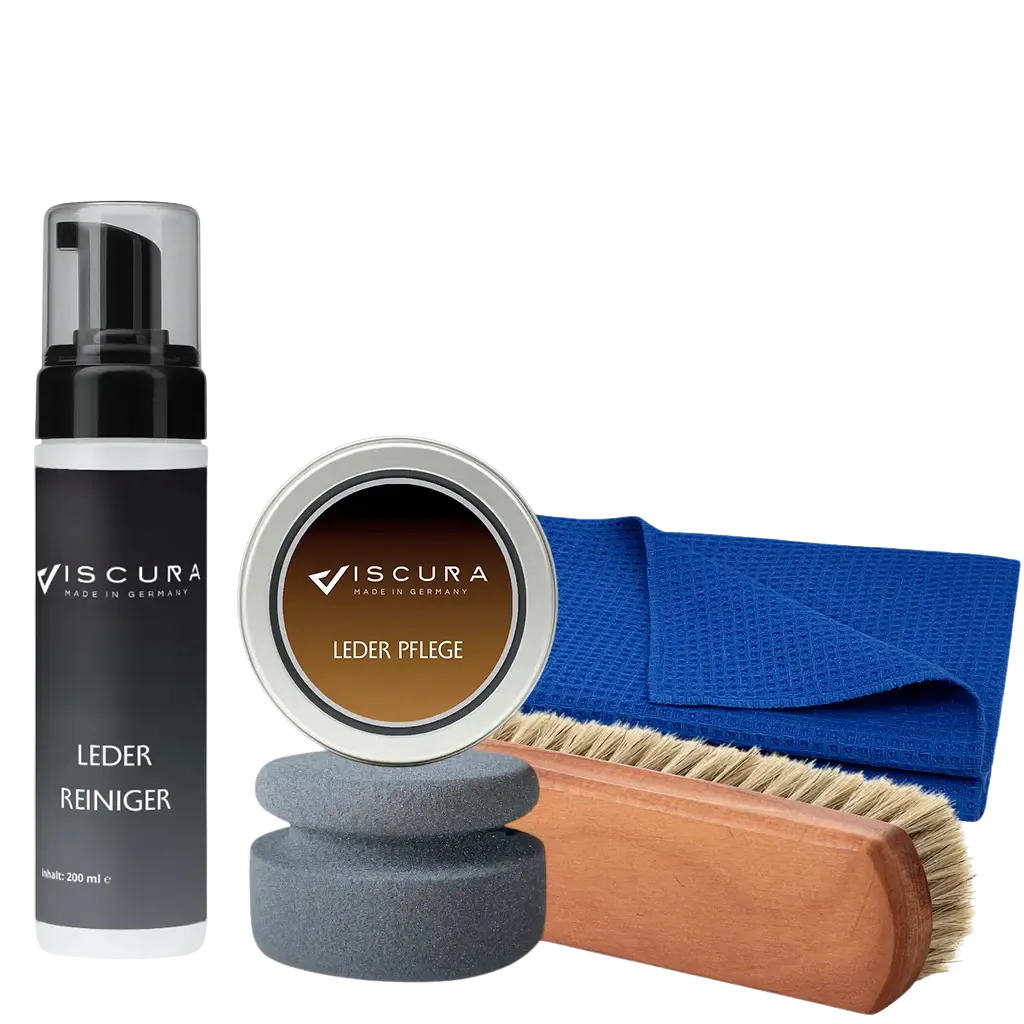 VISCURA Lederpflege-Set mit Lederreiniger, Pflegecreme, Bürste und Tuch für hochwertige Autopflege.