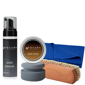 VISCURA Lederpflege-Set mit Lederreiniger, Pflegecreme, Bürste und Tuch für hochwertige Autopflege.