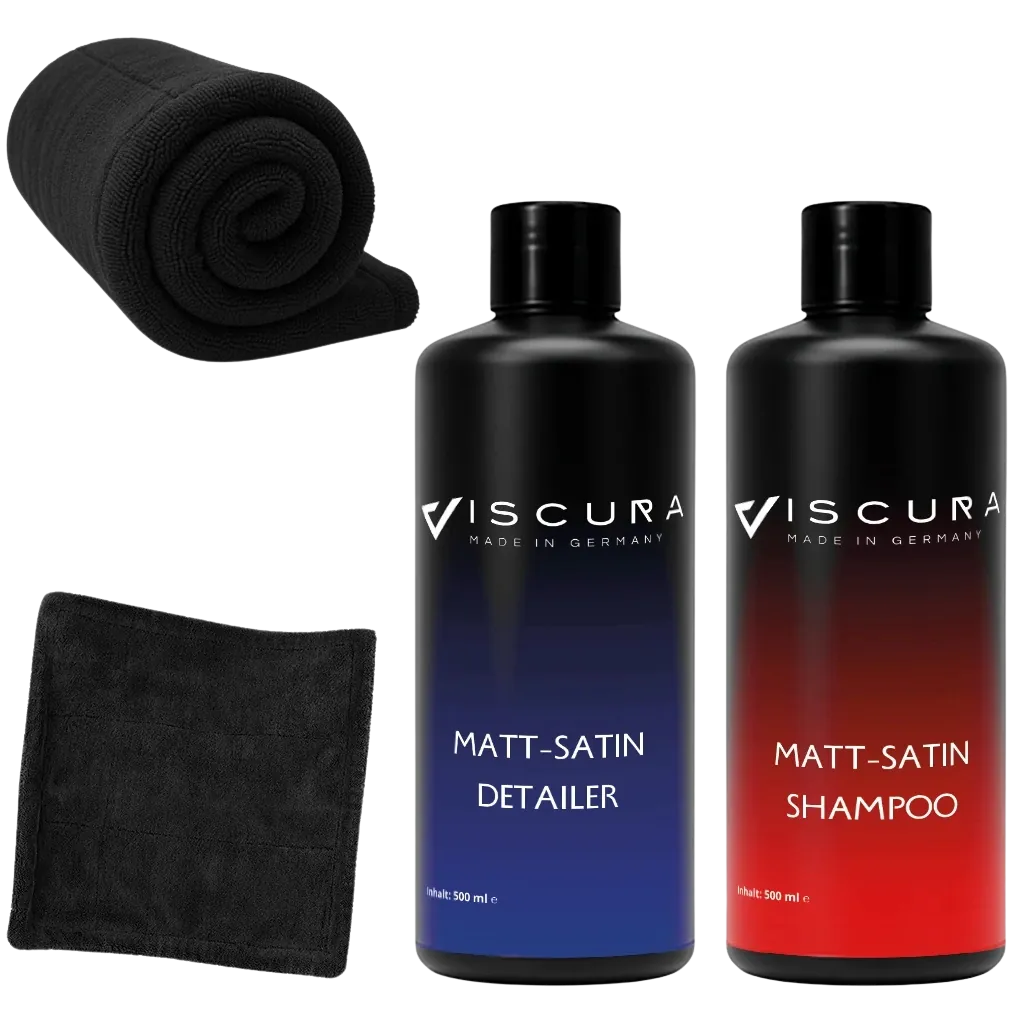 VISCURA Matt-Satin Pflege-Set mit Shampoo, Detailer und Mikrofasertuch für matte Lacke.