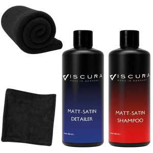 VISCURA Matt-Satin Pflege-Set mit Shampoo, Detailer und Mikrofasertuch für matte Lacke.