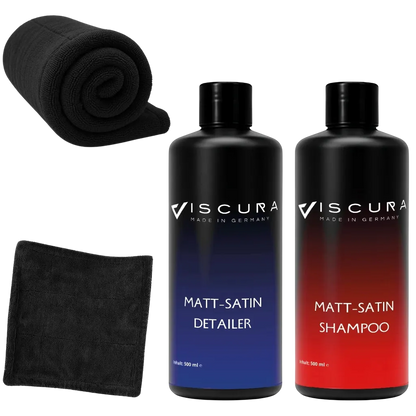 VISCURA Matt-Satin Pflege-Set mit Shampoo, Detailer und Mikrofasertuch für matte Lacke.