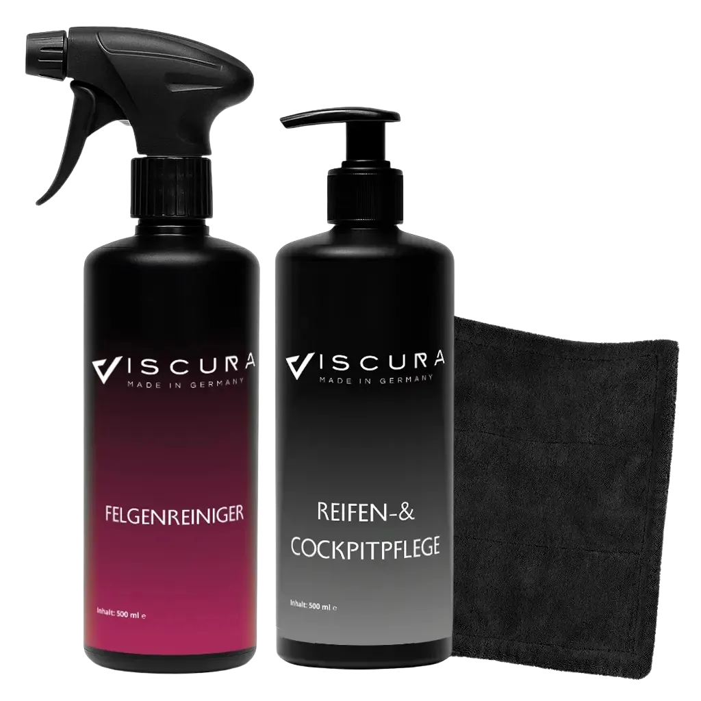 VISCURA Räderpflege Set mit Felgenreiniger und Reifen- sowie Cockpitpflege in 500 ml Flaschen.