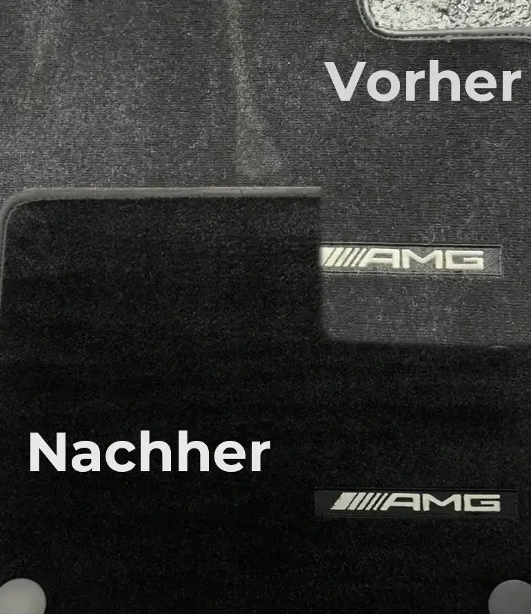Vorher-Nachher Vergleich von AMG Fußmatten. Reinigungseffekt und Qualität sichtbar.