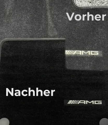 Vorher-Nachher Vergleich von AMG Fußmatten. Reinigungseffekt und Qualität sichtbar.